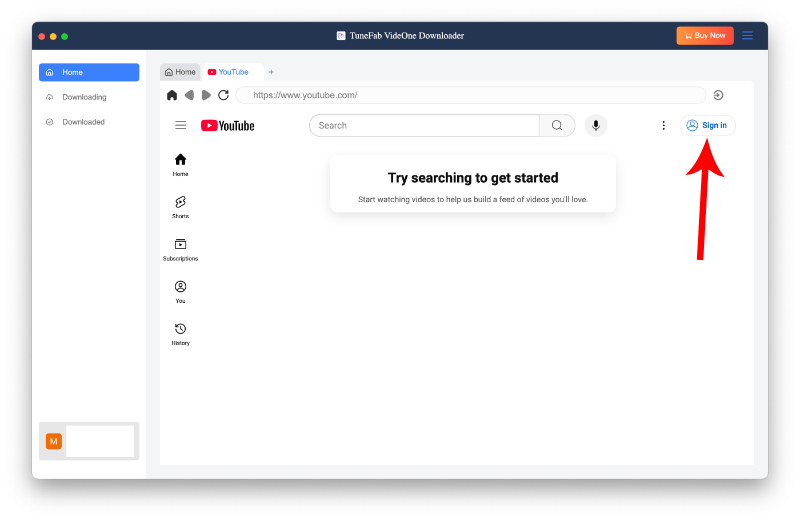 Log into YouTube on VideOne