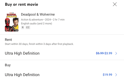 Rent Deadpool and Wolverine on YouTube
