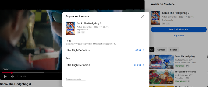 Rent Sonic the Hedgehog 3 on YouTube
