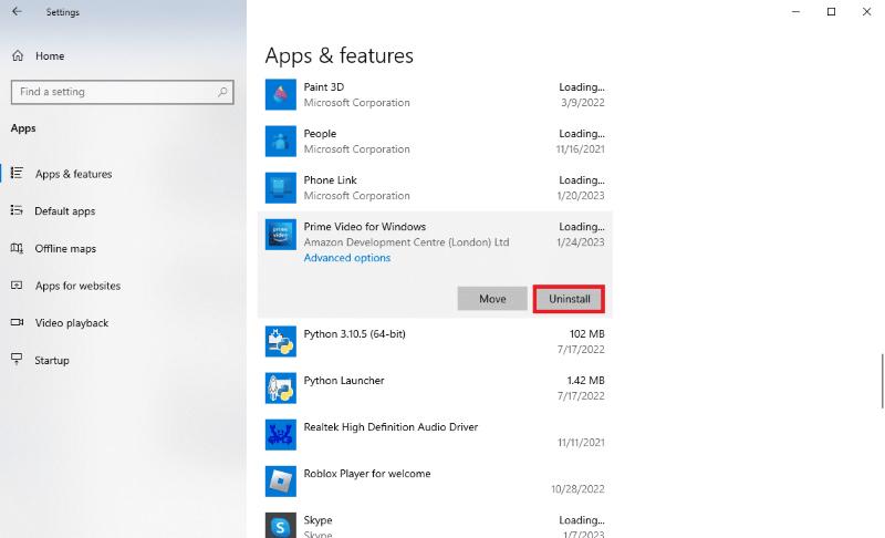 Uninstall Prime Video in Windows